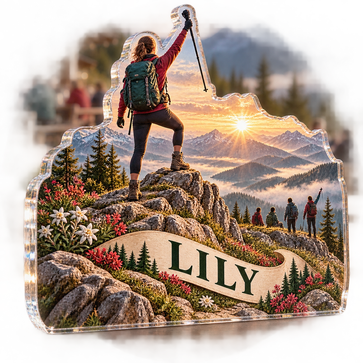 Artwork visualization: Hiking summit — club social gathering, personalized LILY, subject-shaped acrylic with printed optical 3D depth; not carved relief.