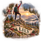 Artwork visualization: Hiking summit — club social gathering, personalized LILY, subject-shaped acrylic with printed optical 3D depth; not carved relief.