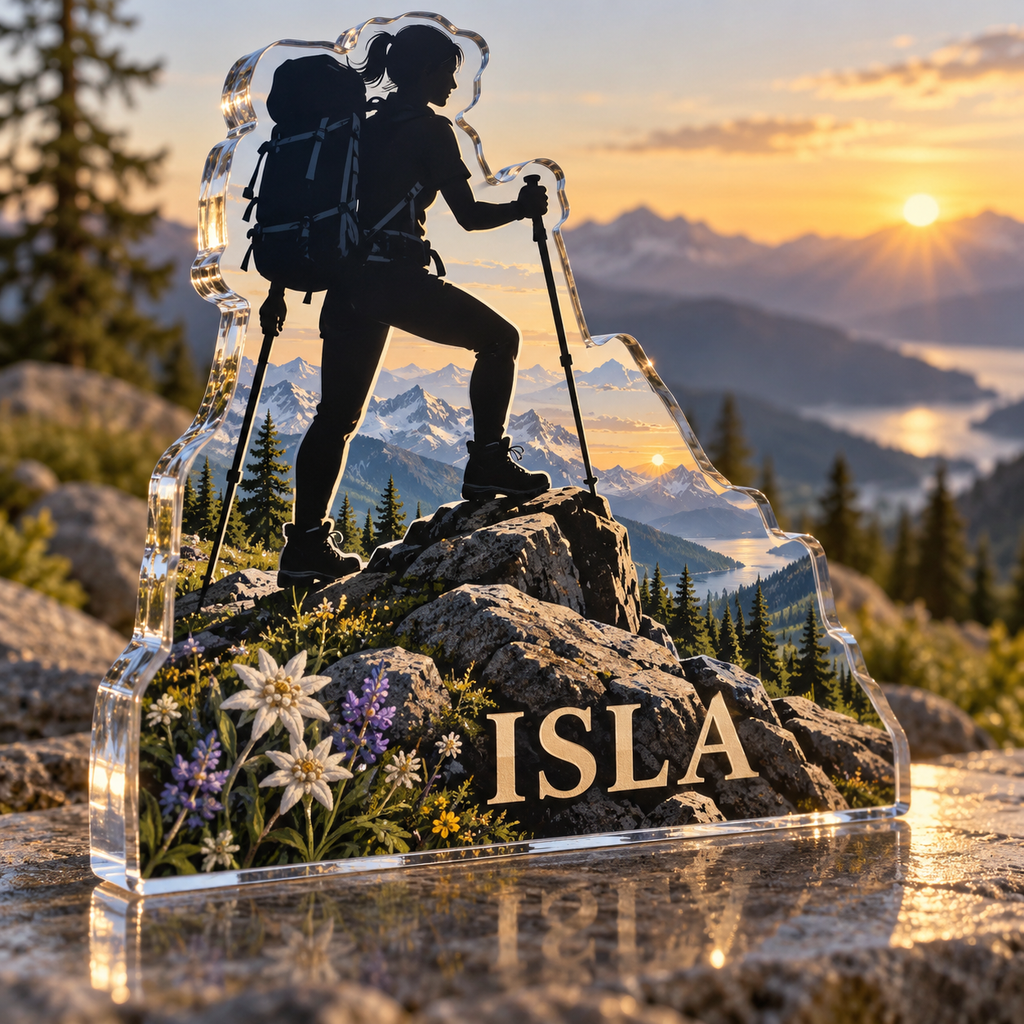 Artwork visualization: Hiking summit — retirement adventure gift, personalized ISLA, subject-shaped acrylic with printed optical 3D depth; not carved relief.