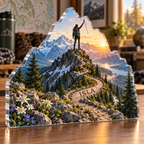 Artwork visualization: Hiking summit — home hobby room decor, personalized ISLA, subject-shaped acrylic with printed optical 3D depth; not carved relief.
