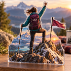 Artwork visualization: Hiking summit — birthday fan gift, personalized LILY, subject-shaped acrylic with printed optical 3D depth; not carved relief.