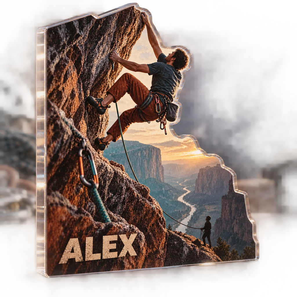 Artwork visualization: Rock climbing — everyday sport identity, personalized ALEX, subject-shaped acrylic with printed optical 3D depth; not carved relief.