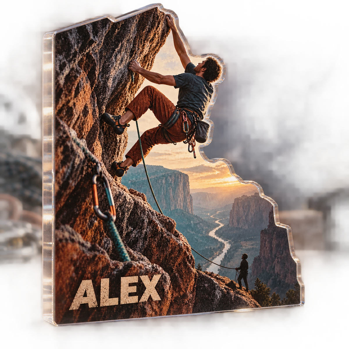 Artwork visualization: Rock climbing — everyday sport identity, personalized ALEX, subject-shaped acrylic with printed optical 3D depth; not carved relief.