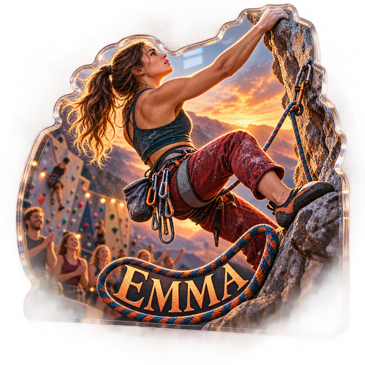 Artwork visualization: Rock climbing — club social gathering, personalized EMMA, subject-shaped acrylic with printed optical 3D depth; not carved relief.