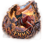 Artwork visualization: Rock climbing — club social gathering, personalized EMMA, subject-shaped acrylic with printed optical 3D depth; not carved relief.