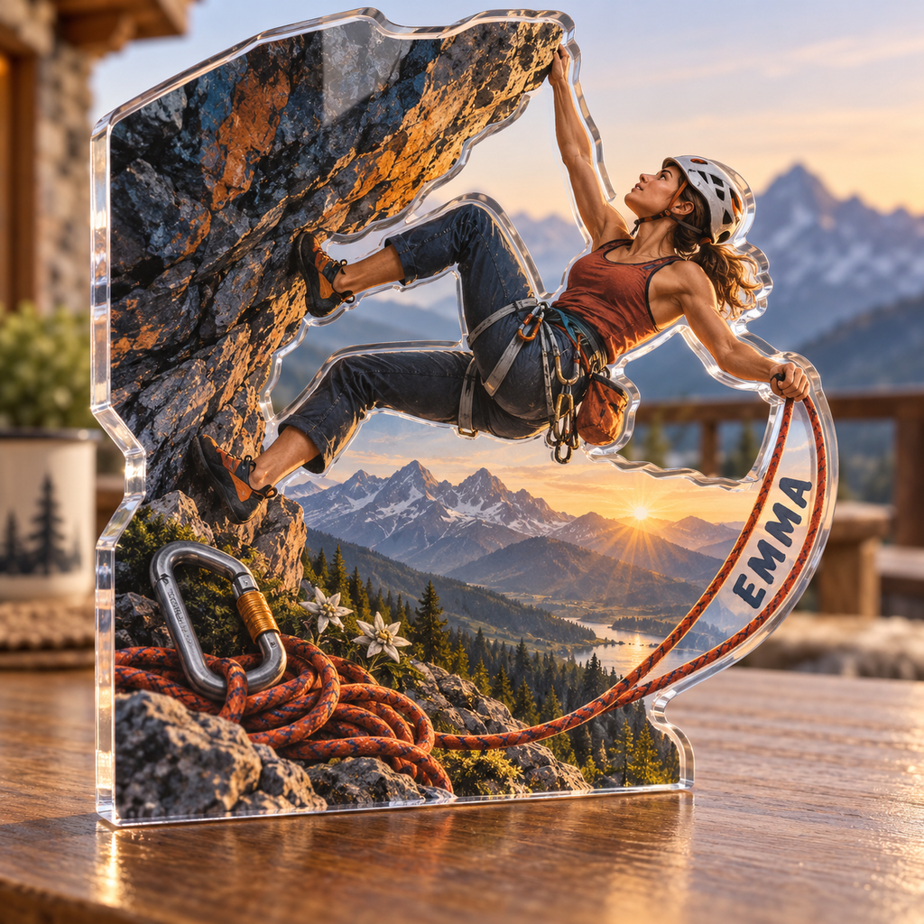 Artwork visualization: Rock climbing — retirement adventure gift, personalized EMMA, subject-shaped acrylic with printed optical 3D depth; not carved relief.