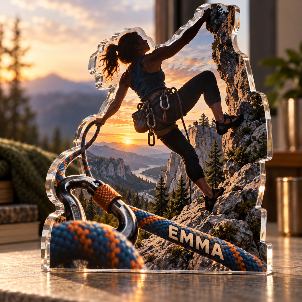 Artwork visualization: Rock climbing — weekend trip group, personalized EMMA, subject-shaped acrylic with printed optical 3D depth; not carved relief.