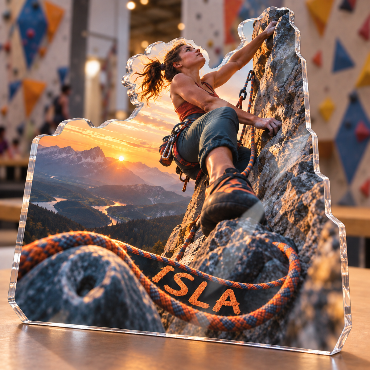 Personalized Rock Climbing — Birthday Fan Gift acrylic plaque with an example name set into the artwork, digital preview