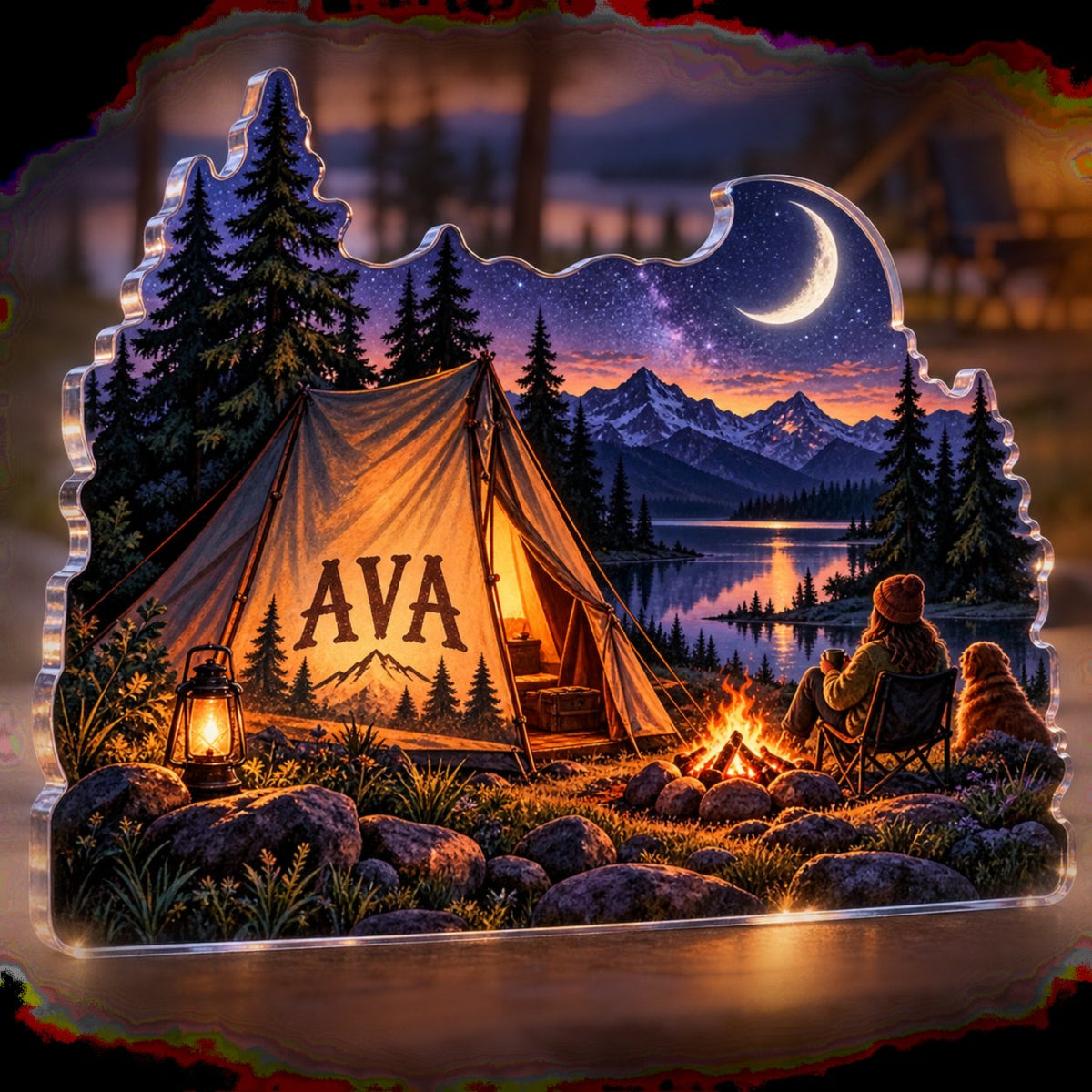 Personalized Camping Under Stars Everyday Sport Identity custom shape acrylic plaque with an example name set into the artwork, digital preview
