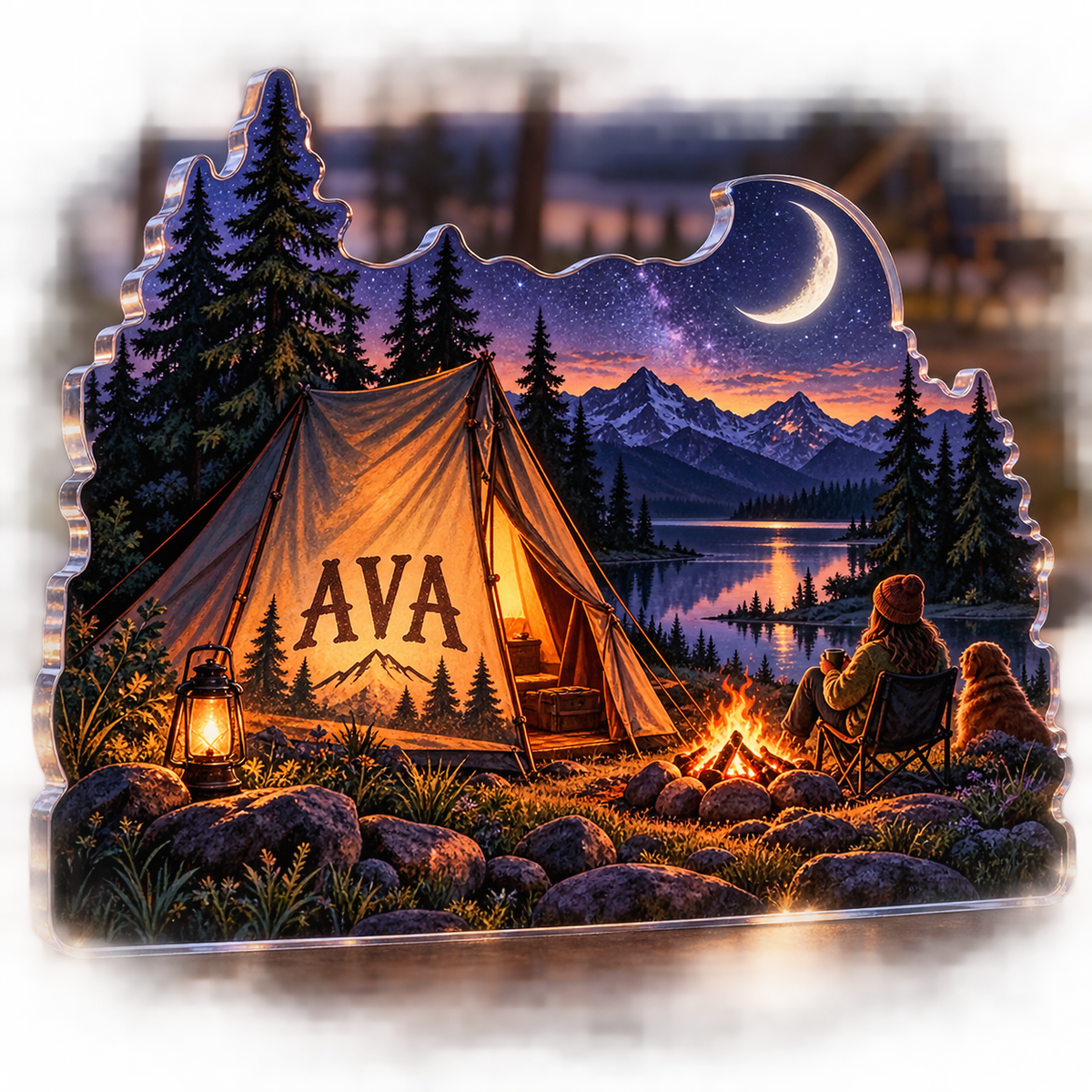 Artwork visualization: Camping under stars — everyday sport identity, personalized AVA, subject-shaped acrylic with printed optical 3D depth; not carved relief.
