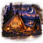 Artwork visualization: Camping under stars — everyday sport identity, personalized AVA, subject-shaped acrylic with printed optical 3D depth; not carved relief.