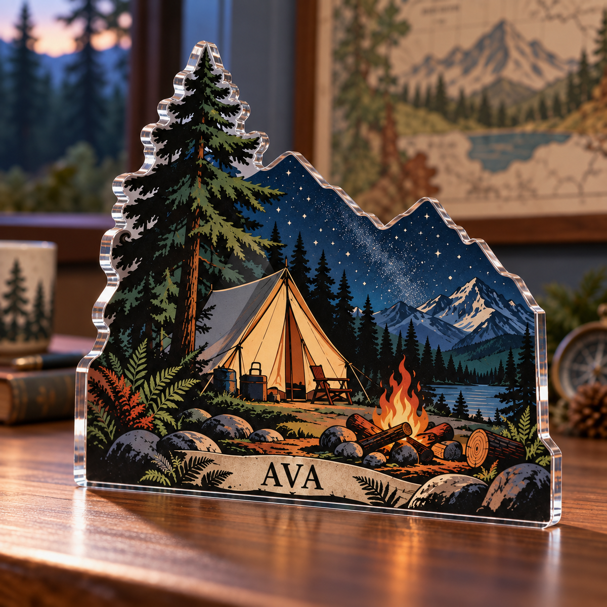 Artwork visualization: Camping under stars — retirement adventure gift, personalized AVA, subject-shaped acrylic with printed optical 3D depth; not carved relief.