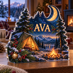 Artwork visualization: Camping under stars — home hobby room decor, personalized AVA, subject-shaped acrylic with printed optical 3D depth; not carved relief.