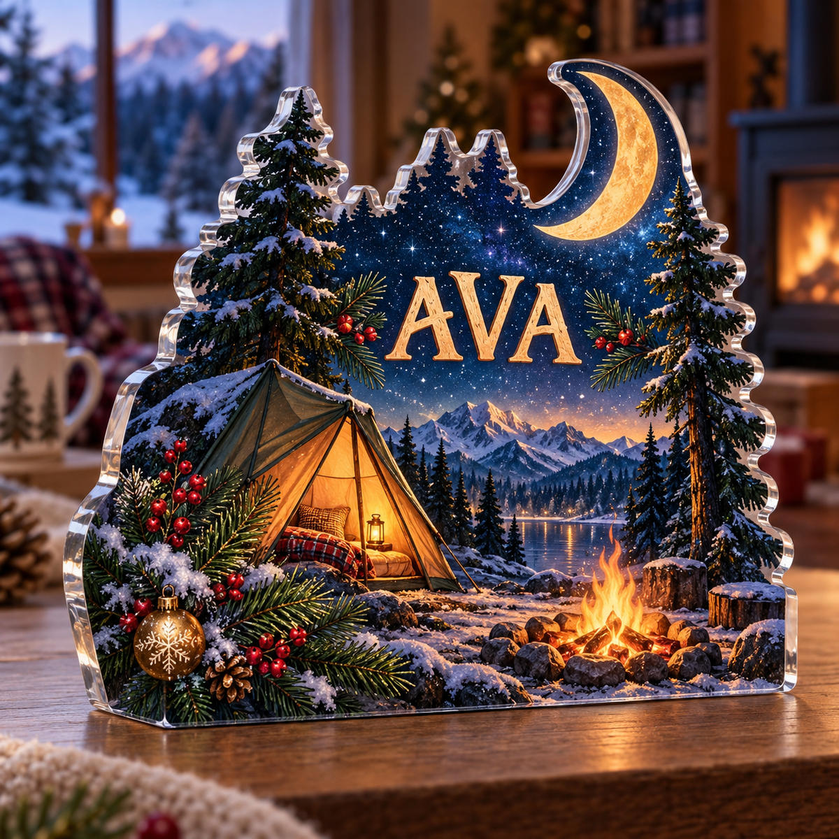 Artwork visualization: Camping under stars — home hobby room decor, personalized AVA, subject-shaped acrylic with printed optical 3D depth; not carved relief.