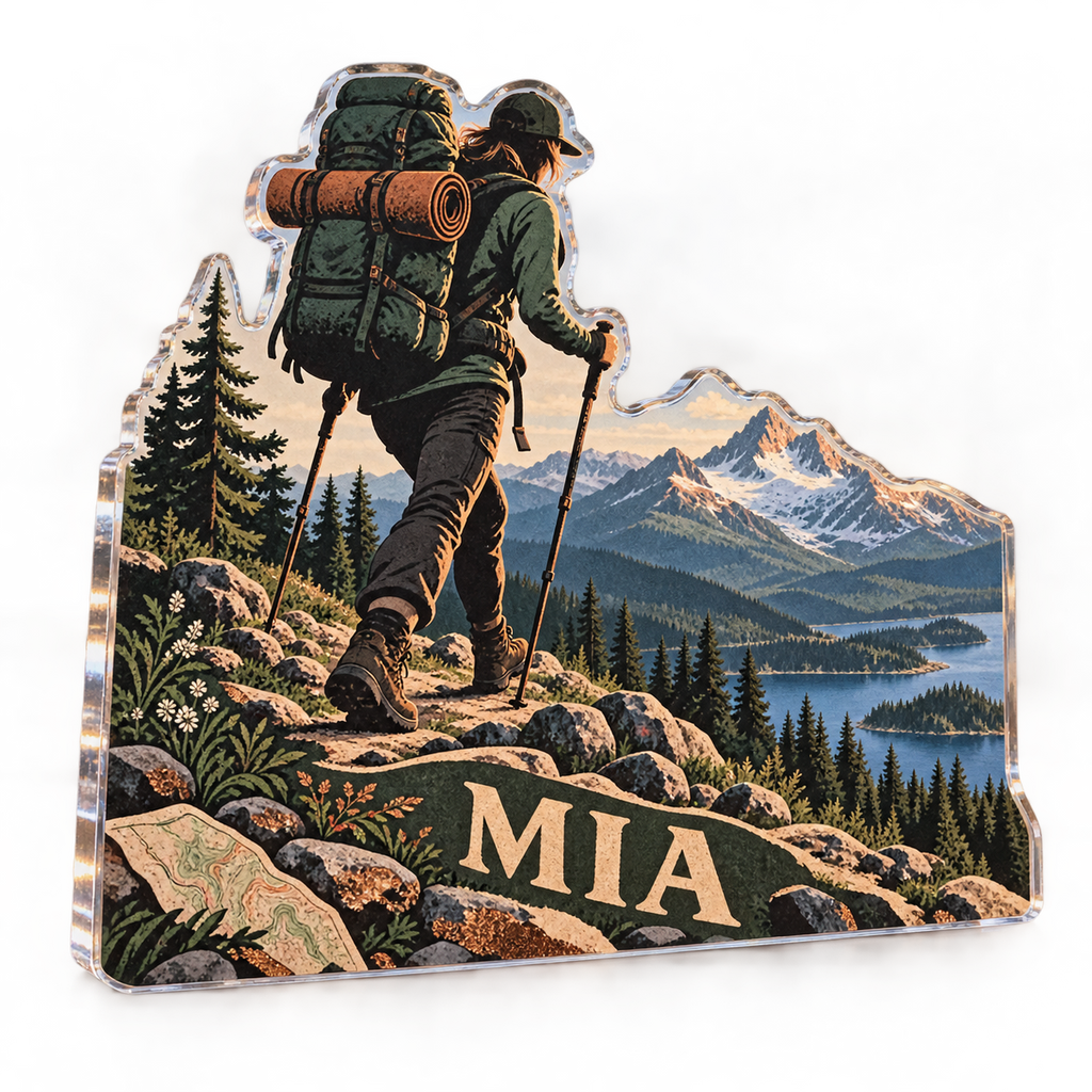 Artwork visualization: Backpacking adventure — everyday sport identity, personalized MIA, subject-shaped acrylic with printed optical 3D depth; not carved relief.
