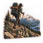 Artwork visualization: Backpacking adventure — everyday sport identity, personalized MIA, subject-shaped acrylic with printed optical 3D depth; not carved relief.
