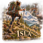 Artwork visualization: Backpacking adventure — club social gathering, personalized ISLA, subject-shaped acrylic with printed optical 3D depth; not carved relief.