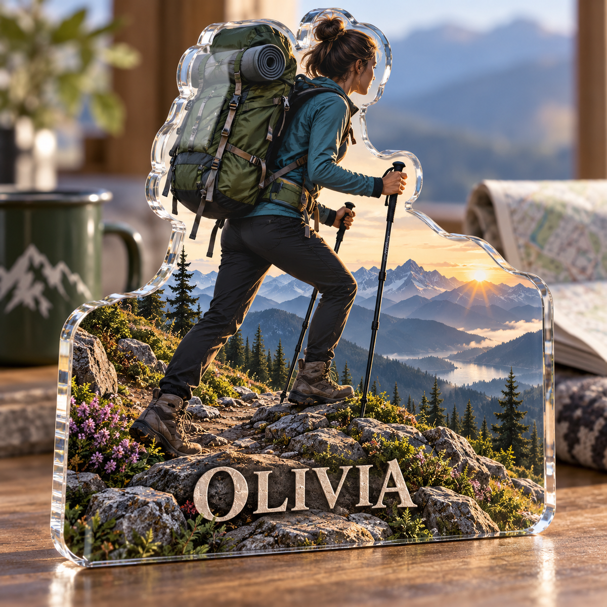 Artwork visualization: Backpacking adventure — personal achievement keepsake, personalized OLIVIA, subject-shaped acrylic with printed optical 3D depth; not carved relief.
