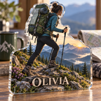 Artwork visualization: Backpacking adventure — personal achievement keepsake, personalized OLIVIA, subject-shaped acrylic with printed optical 3D depth; not carved relief.
