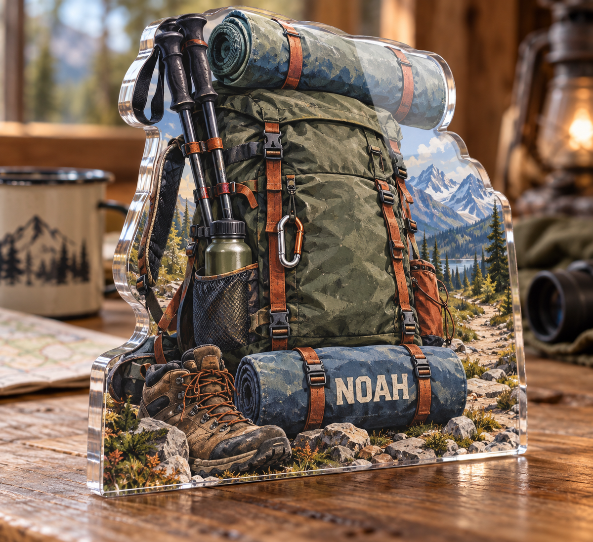 Artwork visualization: Backpacking adventure — retirement adventure gift, personalized NOAH, subject-shaped acrylic with printed optical 3D depth; not carved relief.