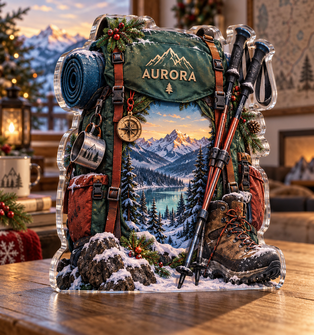 Artwork visualization: Backpacking adventure — home hobby room decor, personalized AURORA, subject-shaped acrylic with printed optical 3D depth; not carved relief.