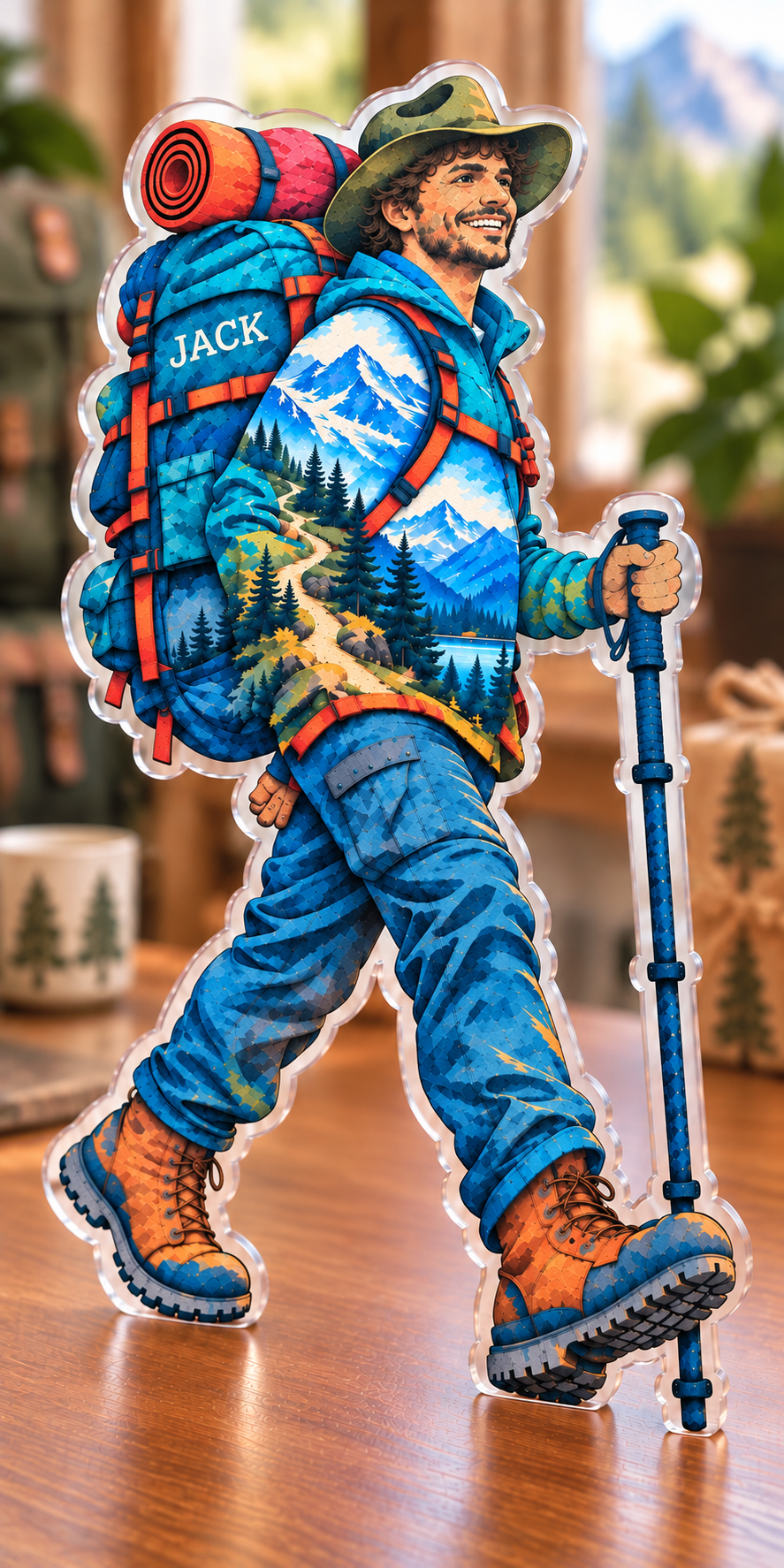 Personalized Backpacking Adventure — Birthday Fan Gift acrylic plaque with an example name set into the artwork, digital preview