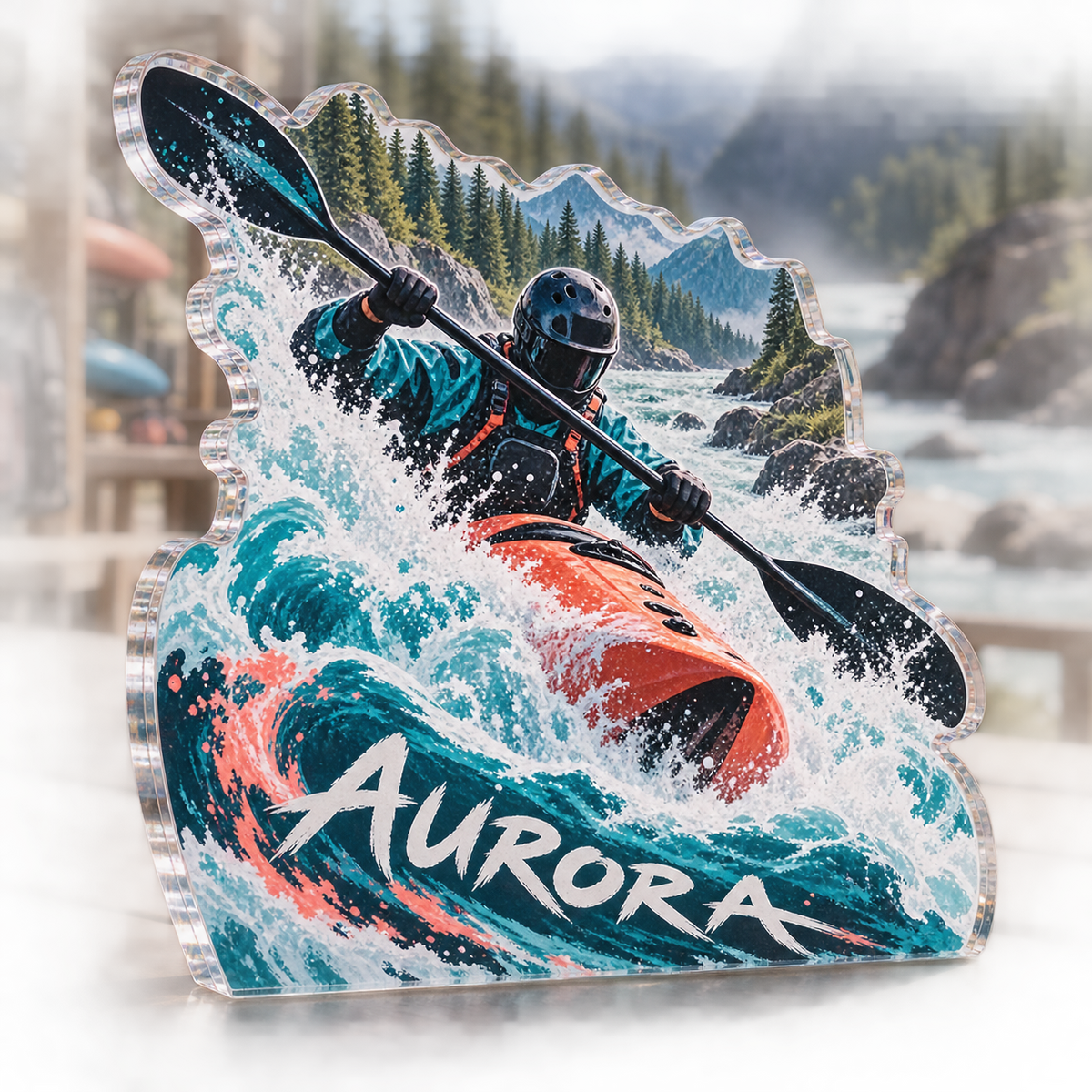 Artwork visualization: Kayaking river — everyday sport identity, personalized AURORA, subject-shaped acrylic with printed optical 3D depth; not carved relief.