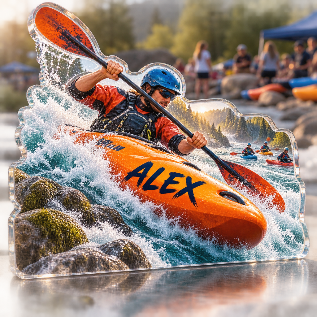 Artwork visualization: Kayaking river — club social gathering, personalized ALEX, subject-shaped acrylic with printed optical 3D depth; not carved relief.