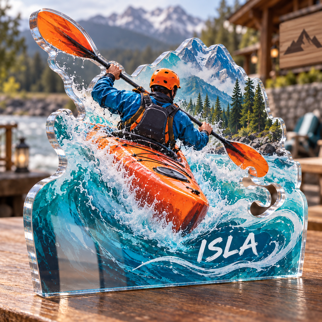 Artwork visualization: Kayaking river — retirement adventure gift, personalized ISLA, subject-shaped acrylic with printed optical 3D depth; not carved relief.