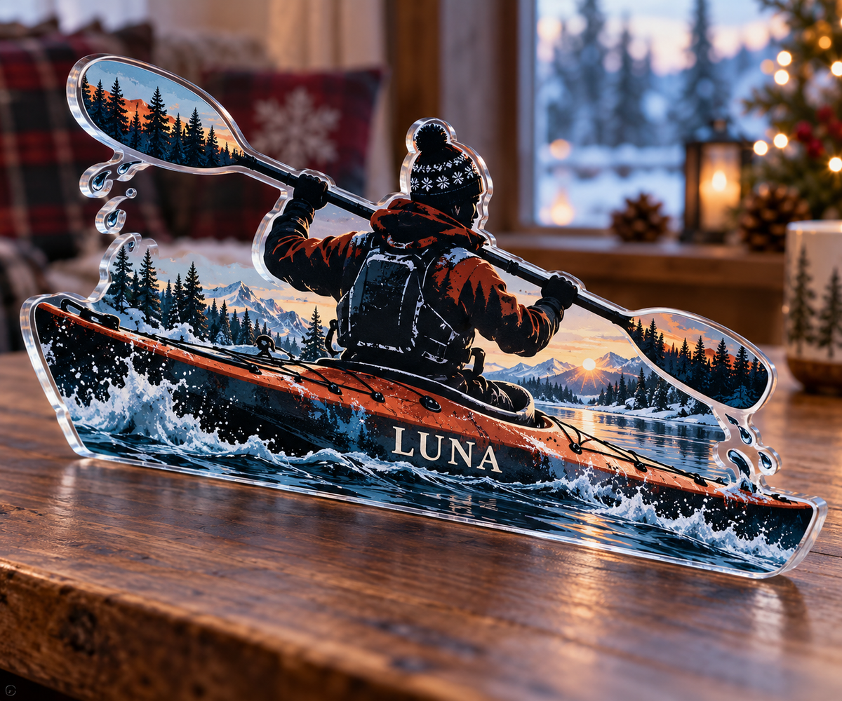 Artwork visualization: Kayaking river — home hobby room decor, personalized LUNA, subject-shaped acrylic with printed optical 3D depth; not carved relief.