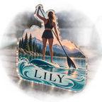 Artwork visualization: Paddleboarding lake — everyday sport identity, personalized LILY, subject-shaped acrylic with printed optical 3D depth; not carved relief.