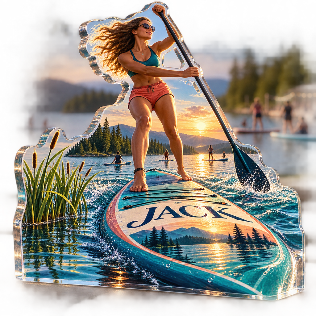 Artwork visualization: Paddleboarding lake — club social gathering, personalized JACK, subject-shaped acrylic with printed optical 3D depth; not carved relief.