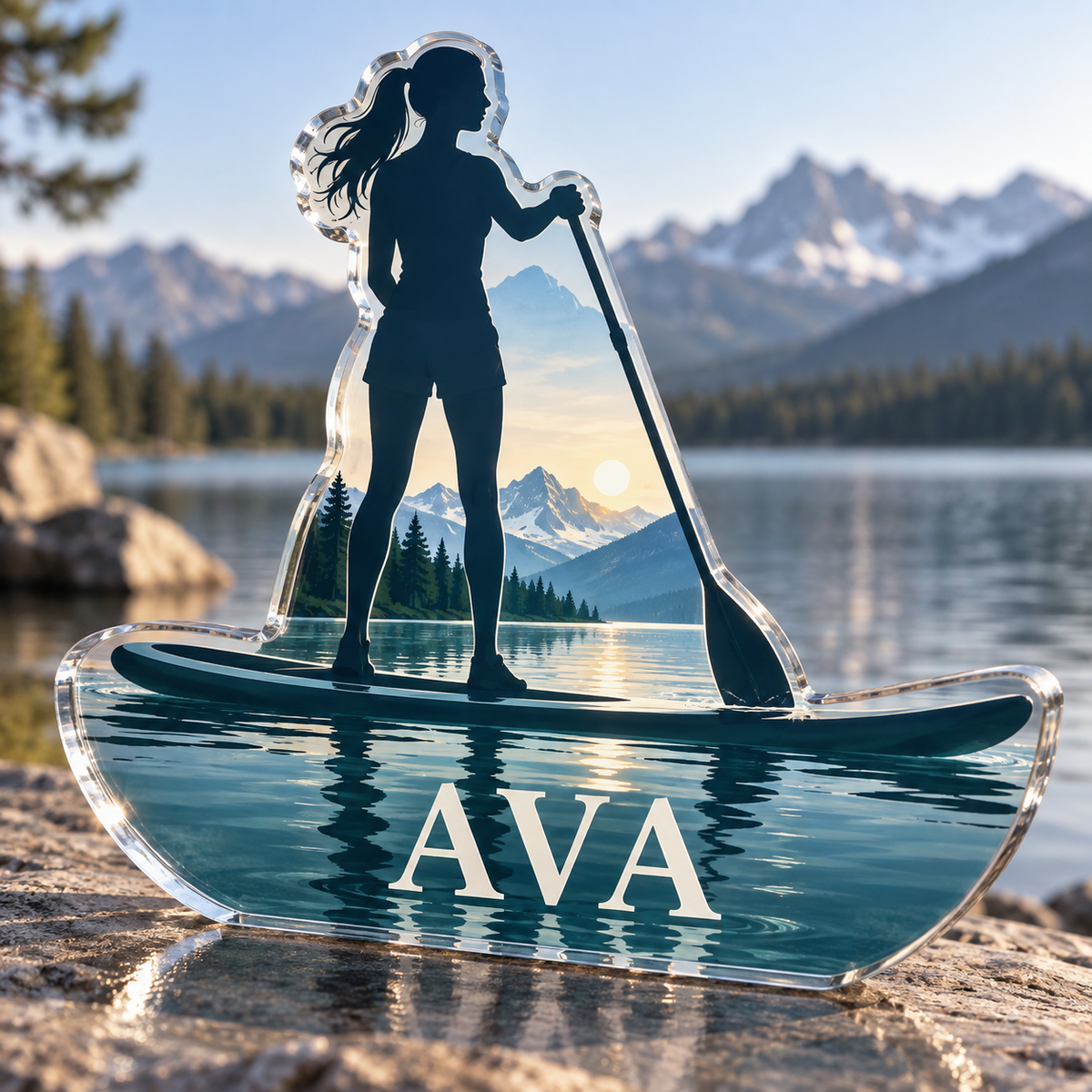 Artwork visualization: Paddleboarding lake — personal achievement keepsake, personalized AVA, subject-shaped acrylic with printed optical 3D depth; not carved relief.