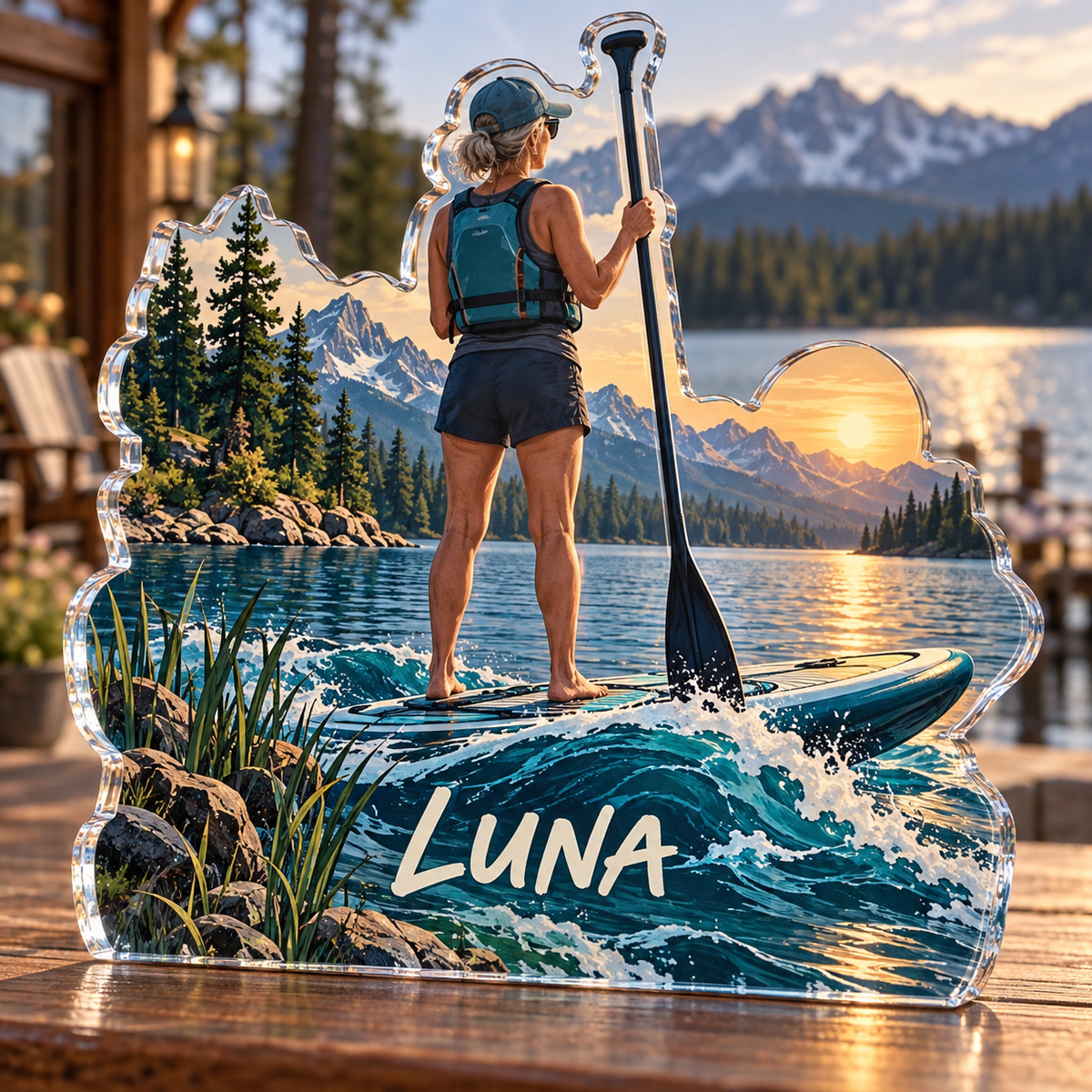 Artwork visualization: Paddleboarding lake — retirement adventure gift, personalized LUNA, subject-shaped acrylic with printed optical 3D depth; not carved relief.