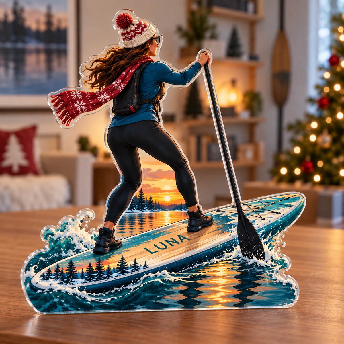 Artwork visualization: Paddleboarding lake — home hobby room decor, personalized LUNA, subject-shaped acrylic with printed optical 3D depth; not carved relief.