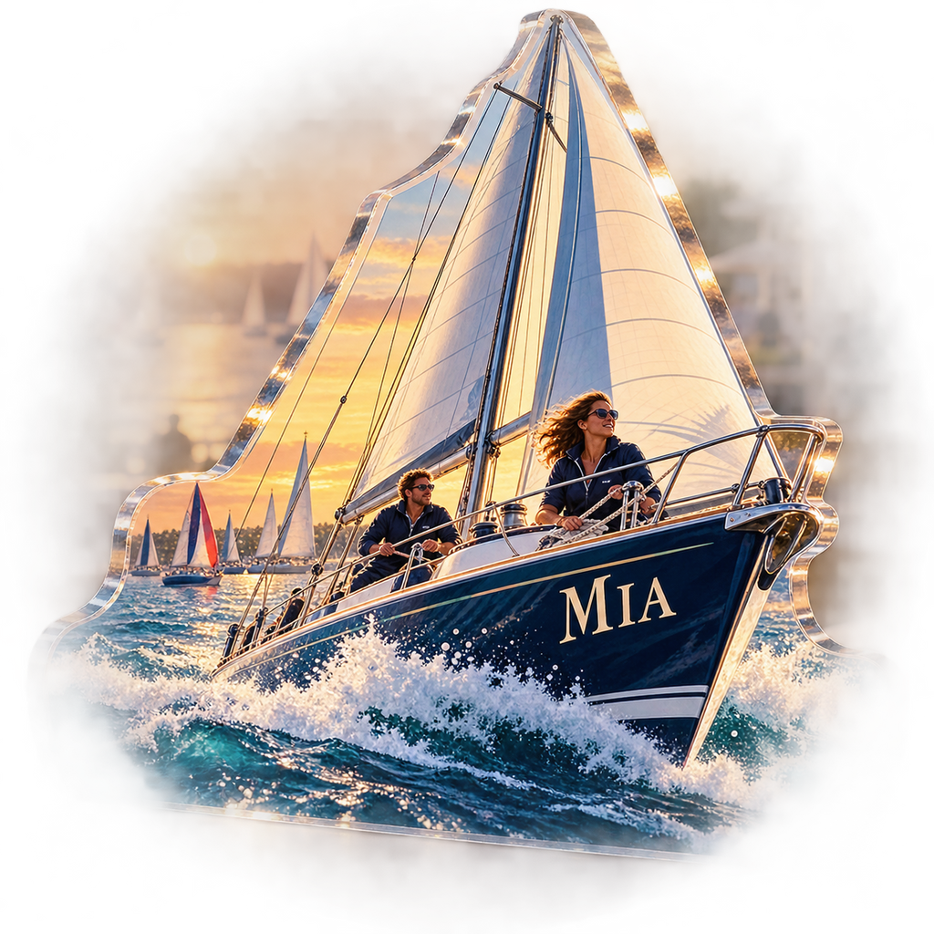 Artwork visualization: Sailing weekend — club social gathering, personalized MIA, subject-shaped acrylic with printed optical 3D depth; not carved relief.