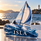 Artwork visualization: Sailing weekend — personal achievement keepsake, personalized ISLA, subject-shaped acrylic with printed optical 3D depth; not carved relief.