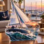 Artwork visualization: Sailing weekend — retirement adventure gift, personalized LUNA, subject-shaped acrylic with printed optical 3D depth; not carved relief.