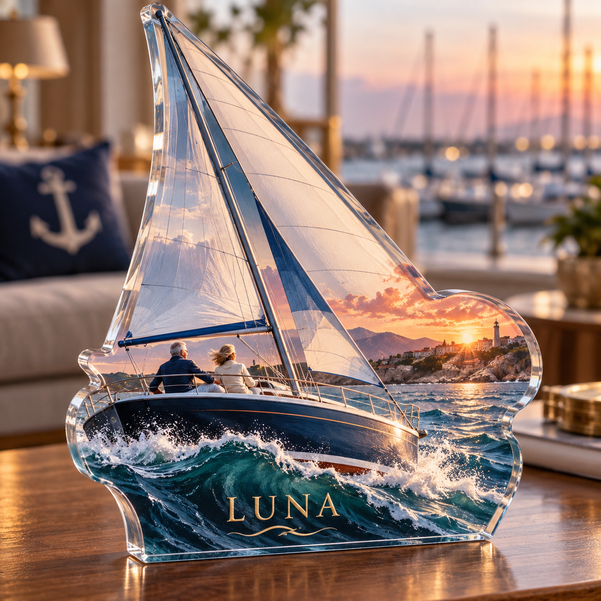 Artwork visualization: Sailing weekend — retirement adventure gift, personalized LUNA, subject-shaped acrylic with printed optical 3D depth; not carved relief.