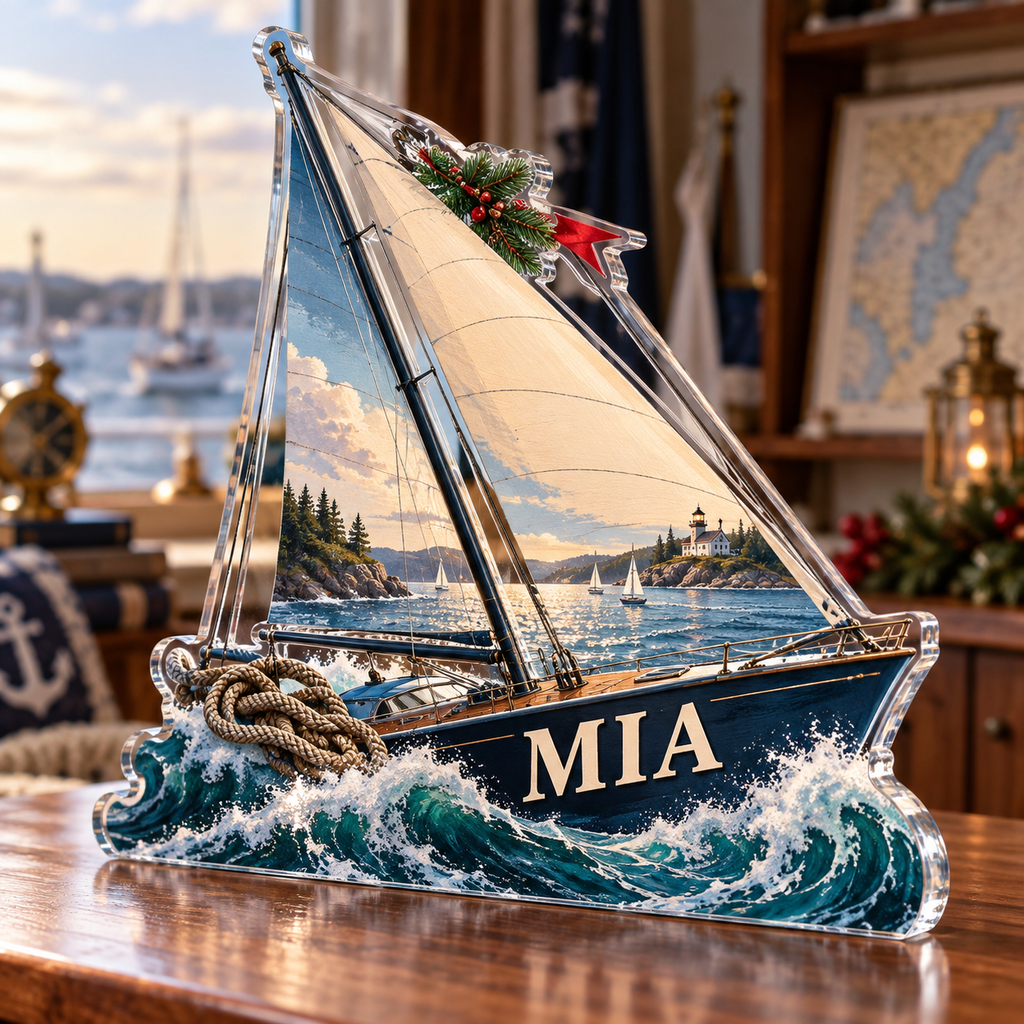 Artwork visualization: Sailing weekend — home hobby room decor, personalized MIA, subject-shaped acrylic with printed optical 3D depth; not carved relief.