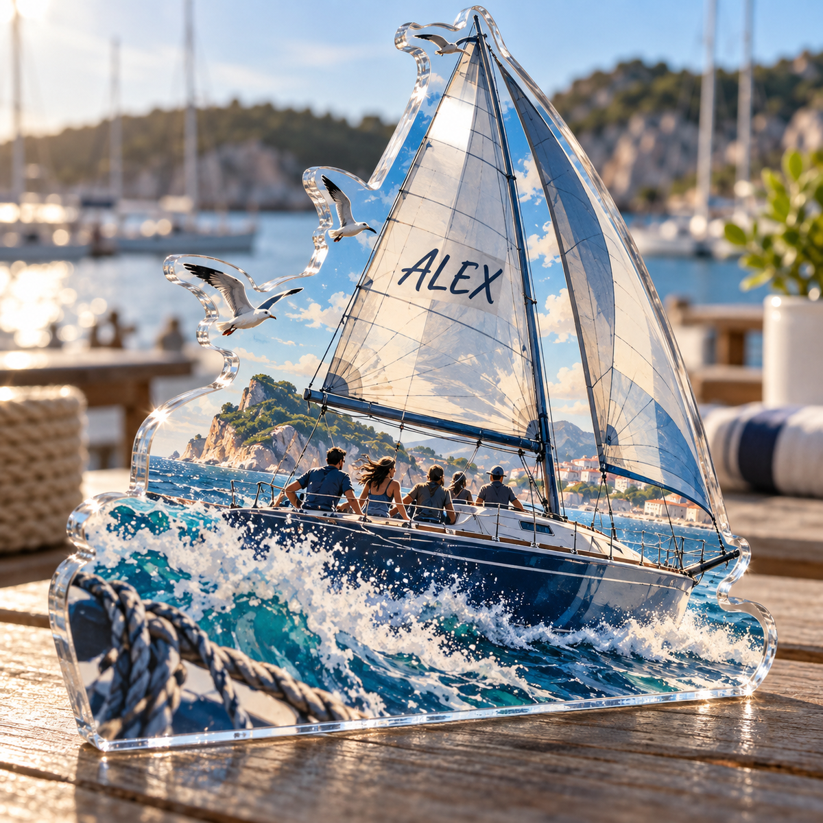 Artwork visualization: Sailing weekend — weekend trip group, personalized ALEX, subject-shaped acrylic with printed optical 3D depth; not carved relief.
