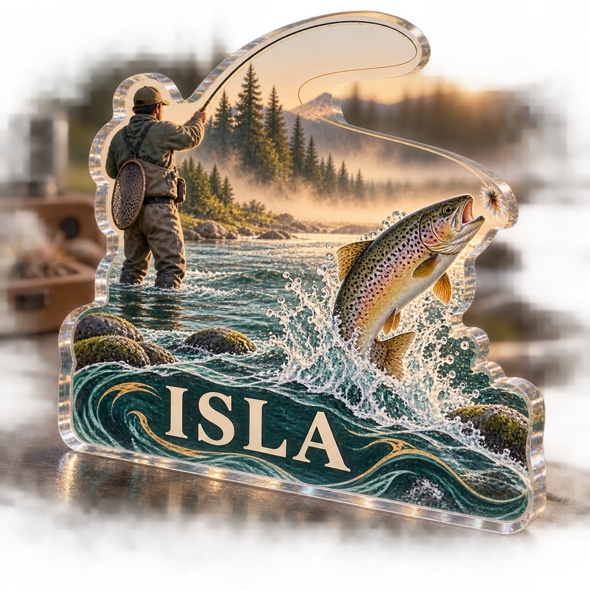 Artwork visualization: Fly fishing — everyday sport identity, personalized ISLA, subject-shaped acrylic with printed optical 3D depth; not carved relief.