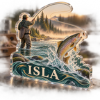 Artwork visualization: Fly fishing — everyday sport identity, personalized ISLA, subject-shaped acrylic with printed optical 3D depth; not carved relief.