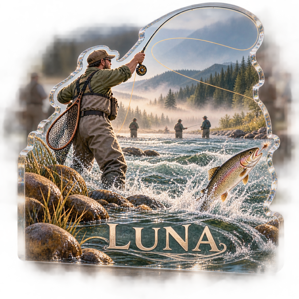 Artwork visualization: Fly fishing — club social gathering, personalized LUNA, subject-shaped acrylic with printed optical 3D depth; not carved relief.