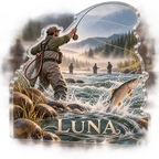 Artwork visualization: Fly fishing — club social gathering, personalized LUNA, subject-shaped acrylic with printed optical 3D depth; not carved relief.