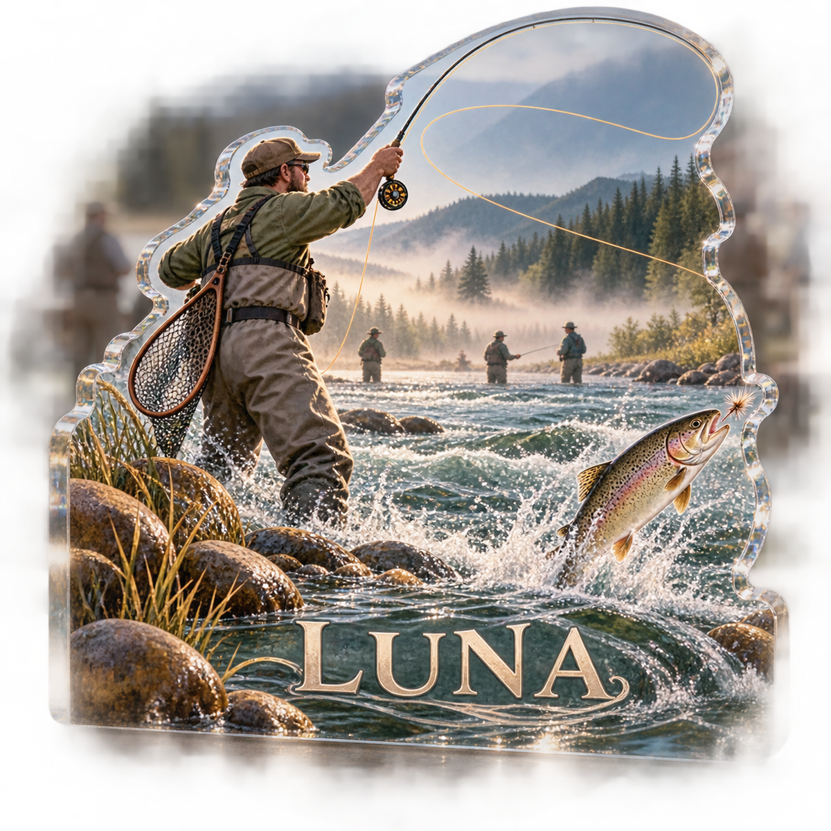 Artwork visualization: Fly fishing — club social gathering, personalized LUNA, subject-shaped acrylic with printed optical 3D depth; not carved relief.
