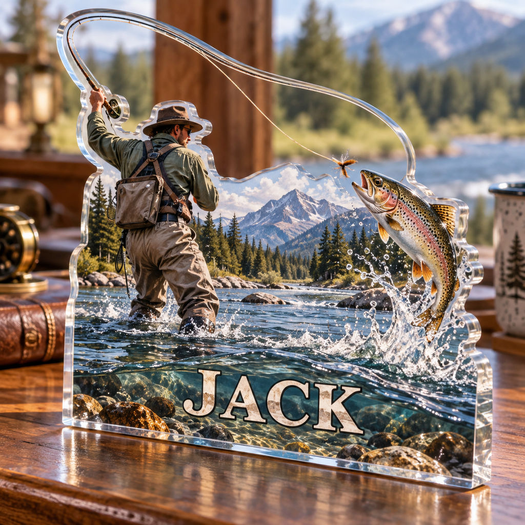 Artwork visualization: Fly fishing — retirement adventure gift, personalized JACK, subject-shaped acrylic with printed optical 3D depth; not carved relief.