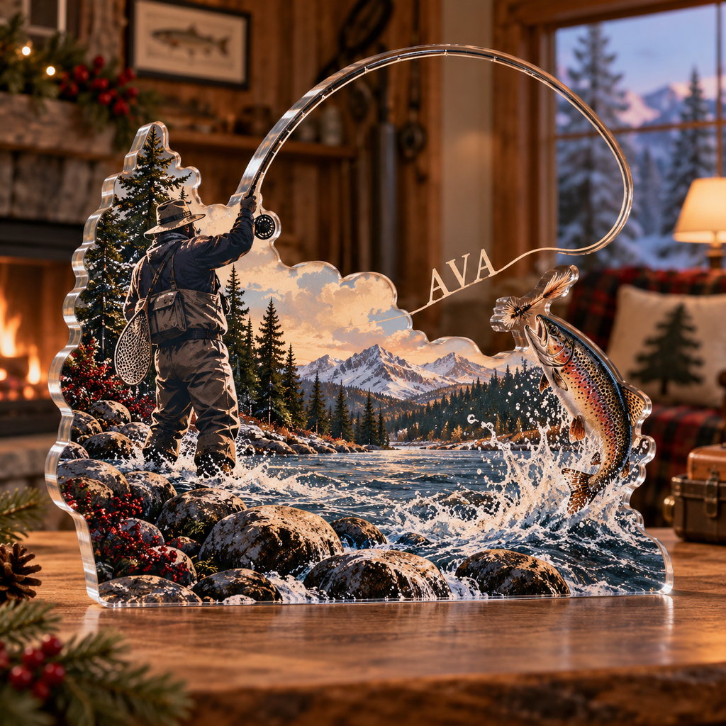 Artwork visualization: Fly fishing — home hobby room decor, personalized AVA, subject-shaped acrylic with printed optical 3D depth; not carved relief.