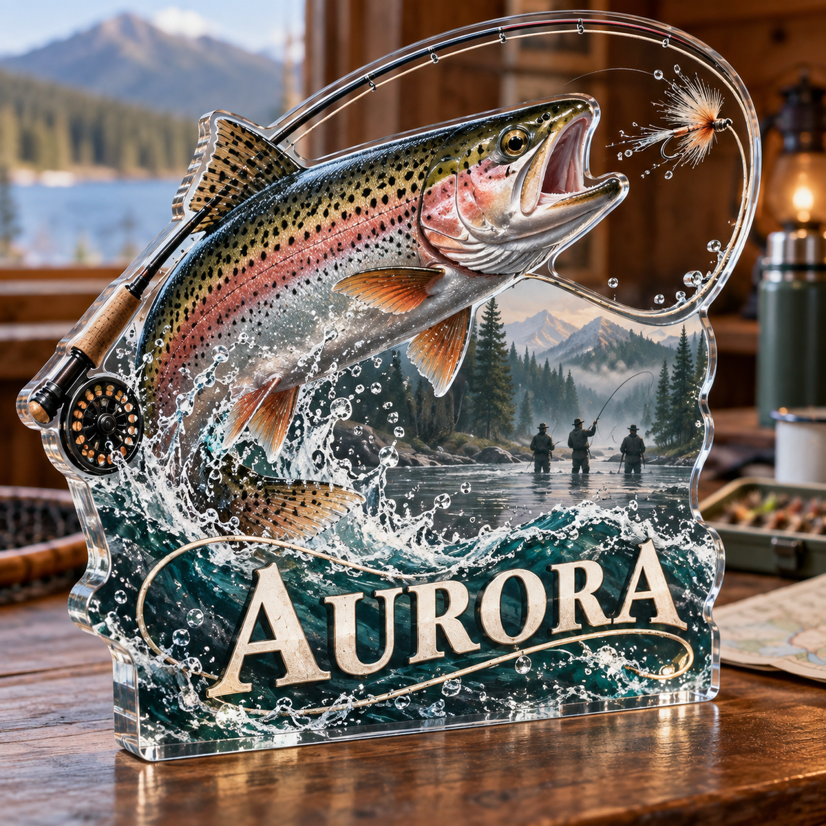 Artwork visualization: Fly fishing — weekend trip group, personalized AURORA, subject-shaped acrylic with printed optical 3D depth; not carved relief.
