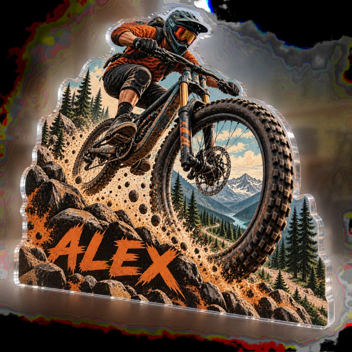 Personalized Mountain Biking Everyday Sport Identity custom shape acrylic plaque with an example name set into the artwork, digital preview